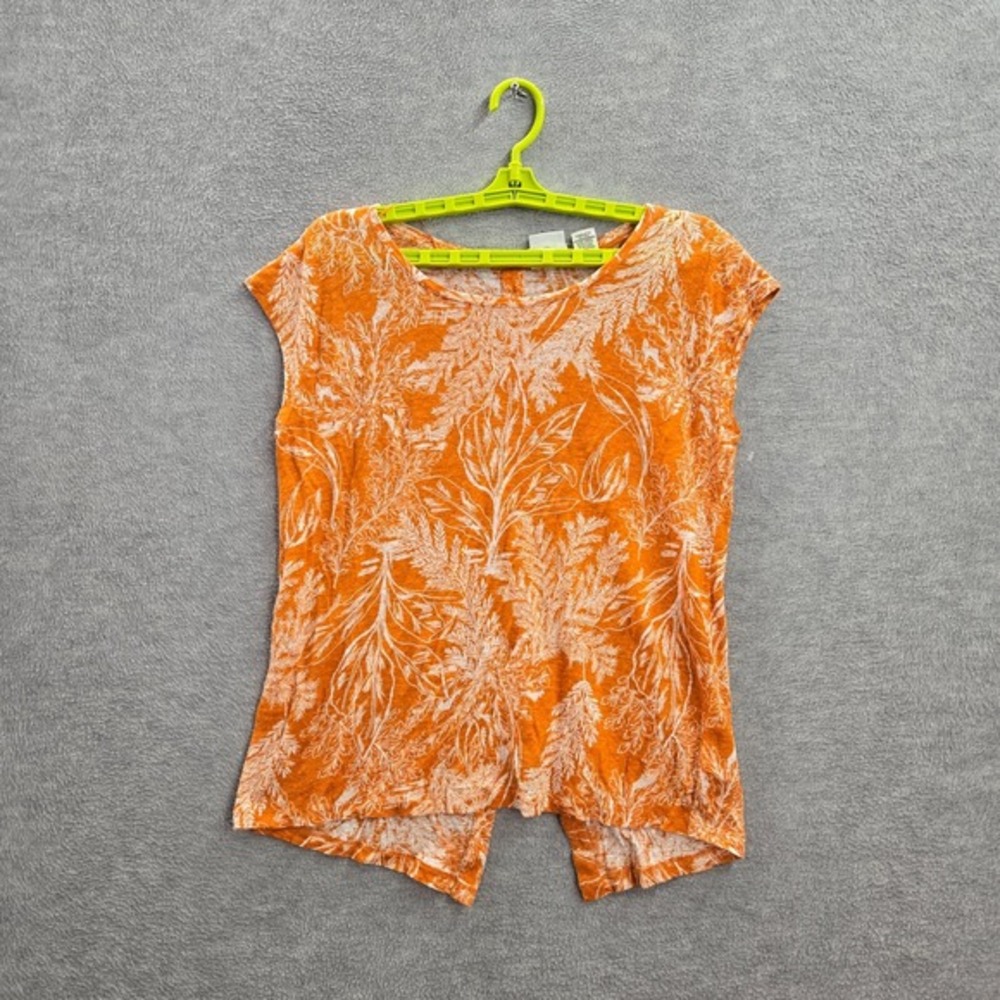 Rachel Zoe Women Top Medium Orange Shirt Leaf Print 100% Linen Cap Sleeve
